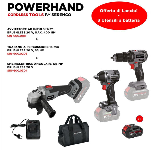 SET PROMO Avvitatore ad Impulsi + Trapano a Percussione + Smerigliatrice Angolare - Powerhand